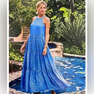 NWT Lilly Pulitzer Beccalyn Boca Blue Metallic Detail Maxi Dress Medium